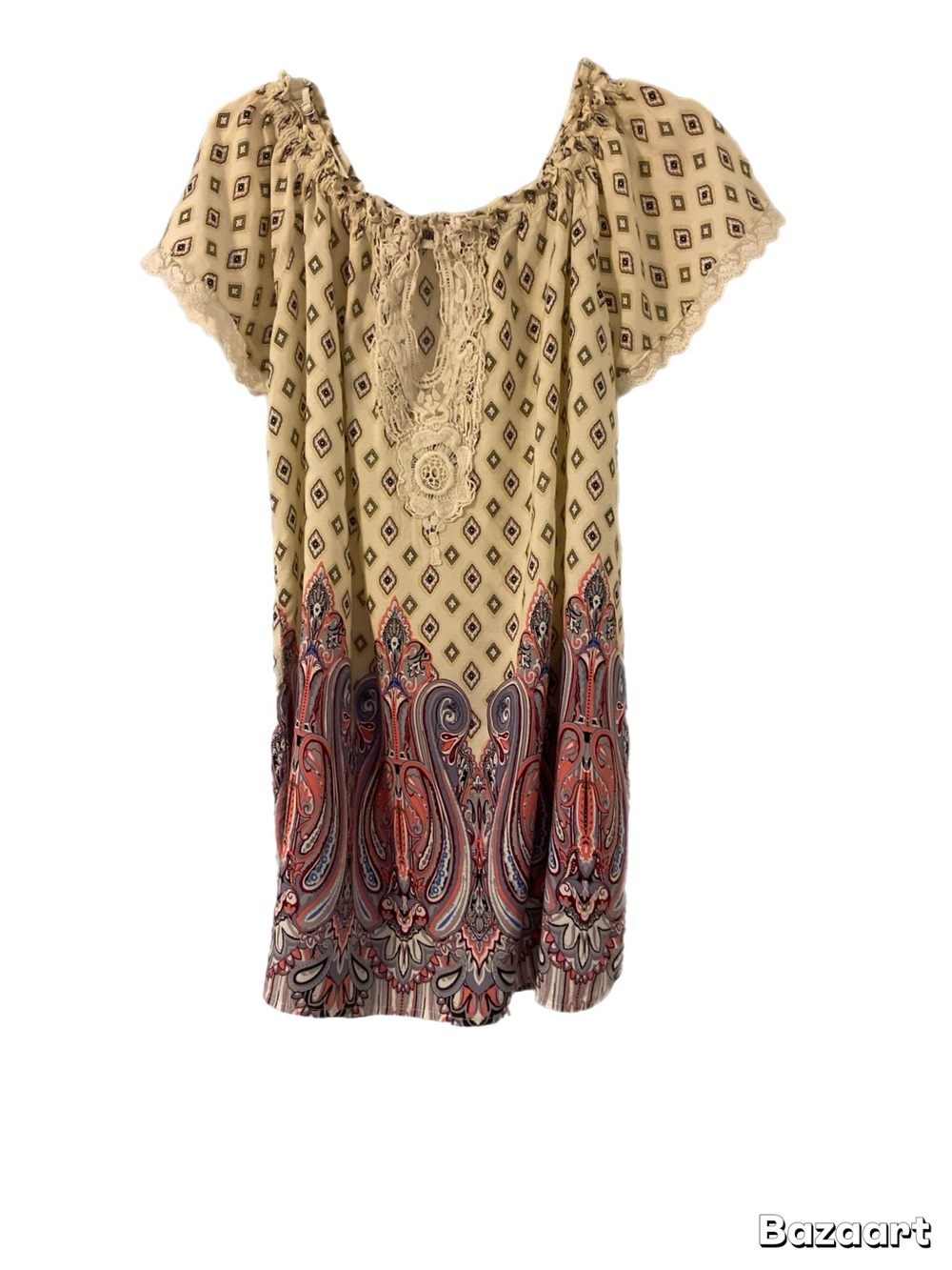 JODIFL Beige Paisley Border Lace-Trim Flutter Sleeve Tunic